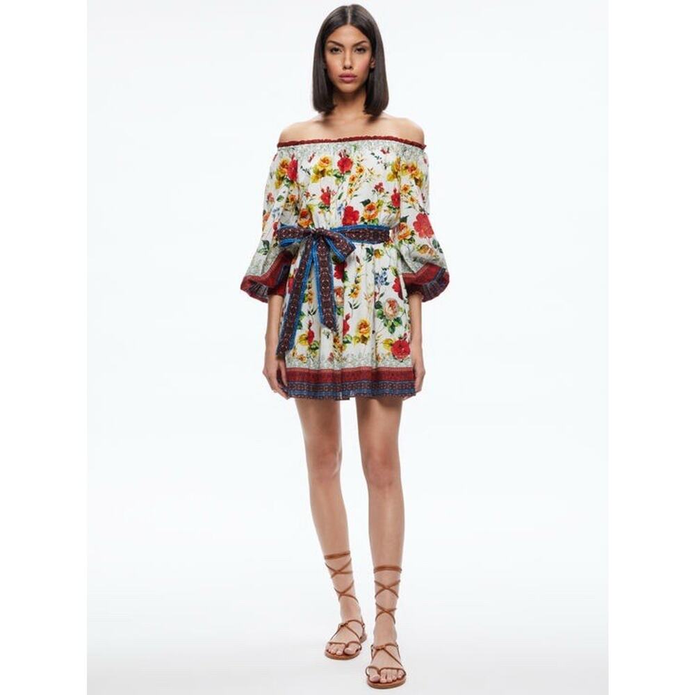NWT Alice + Olivia Mary Off The Shoulder Mini Floral White Red Cotton Dress S